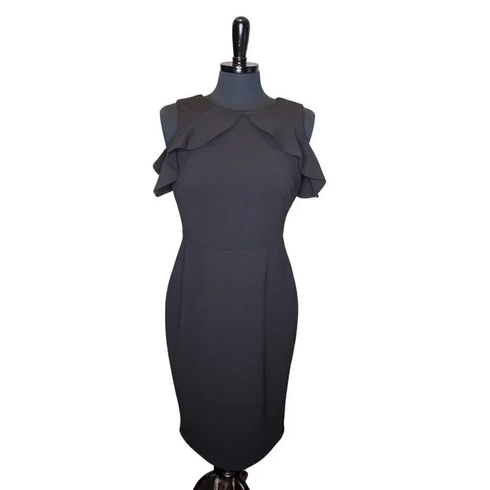 Calvin Klein Ruffled Cold Shoulder Sheath Dress Black Minimalist LBD 8